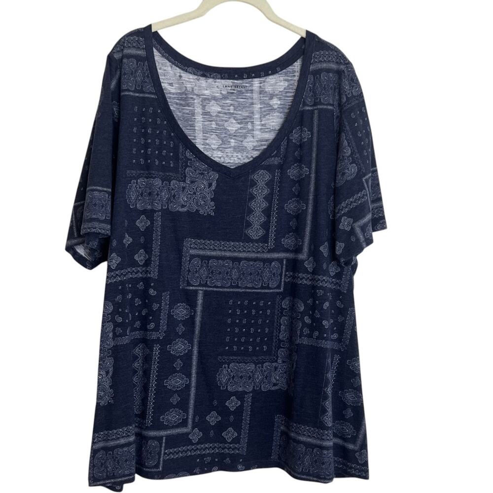 Lane Bryant Tunic Tee Mixed Paisley Print V-Neck Short Sleeve 26/28 Blue